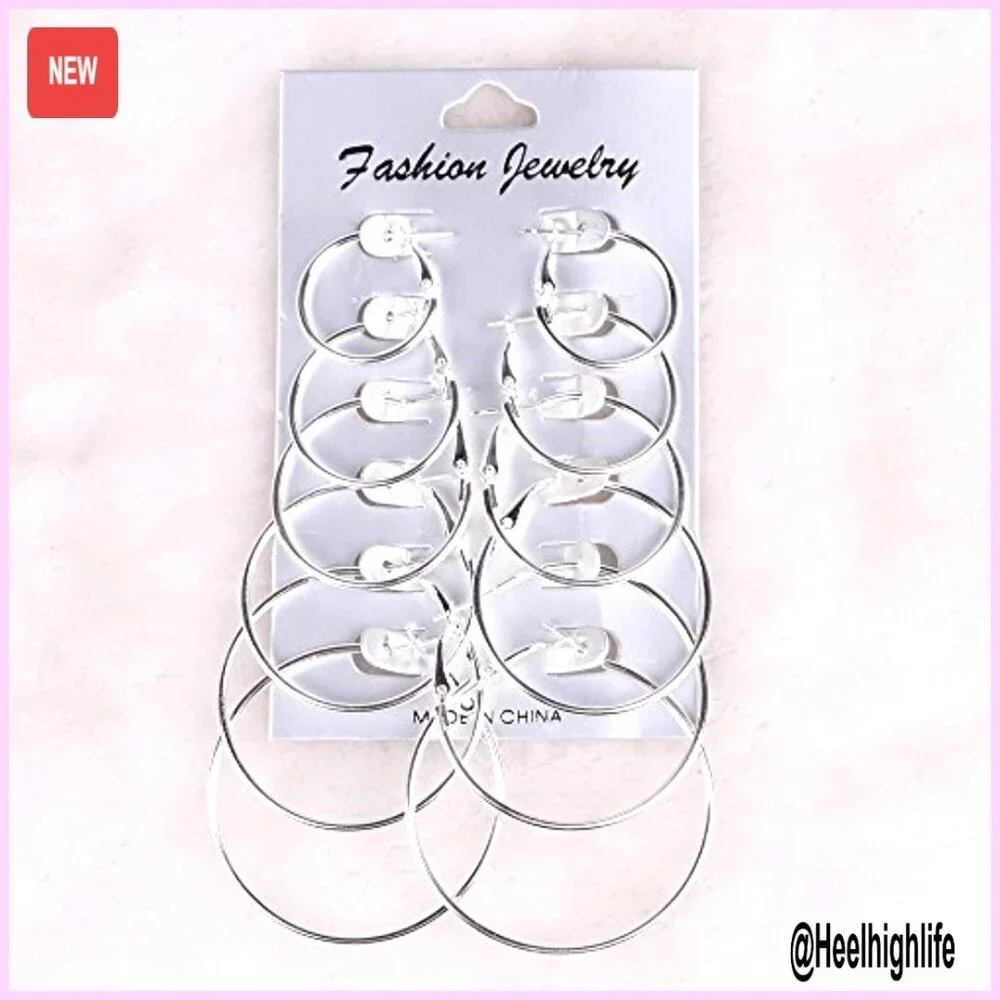 6 Pair Hoop Earring Set Stainless Steel Studs Women's Jewelry Silver Tone - Picture 2 of 4